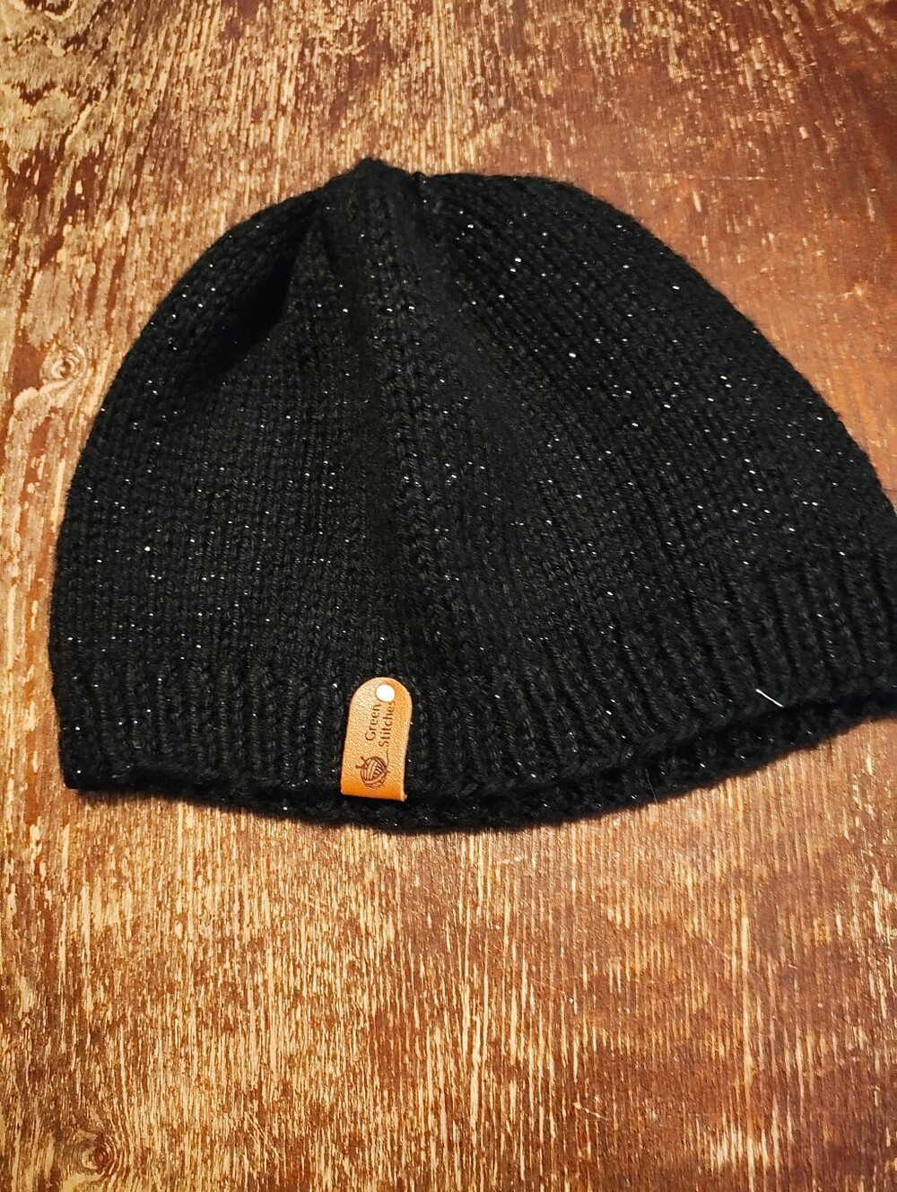 Stitches Black Knit Beanie with Tan Leather Logo